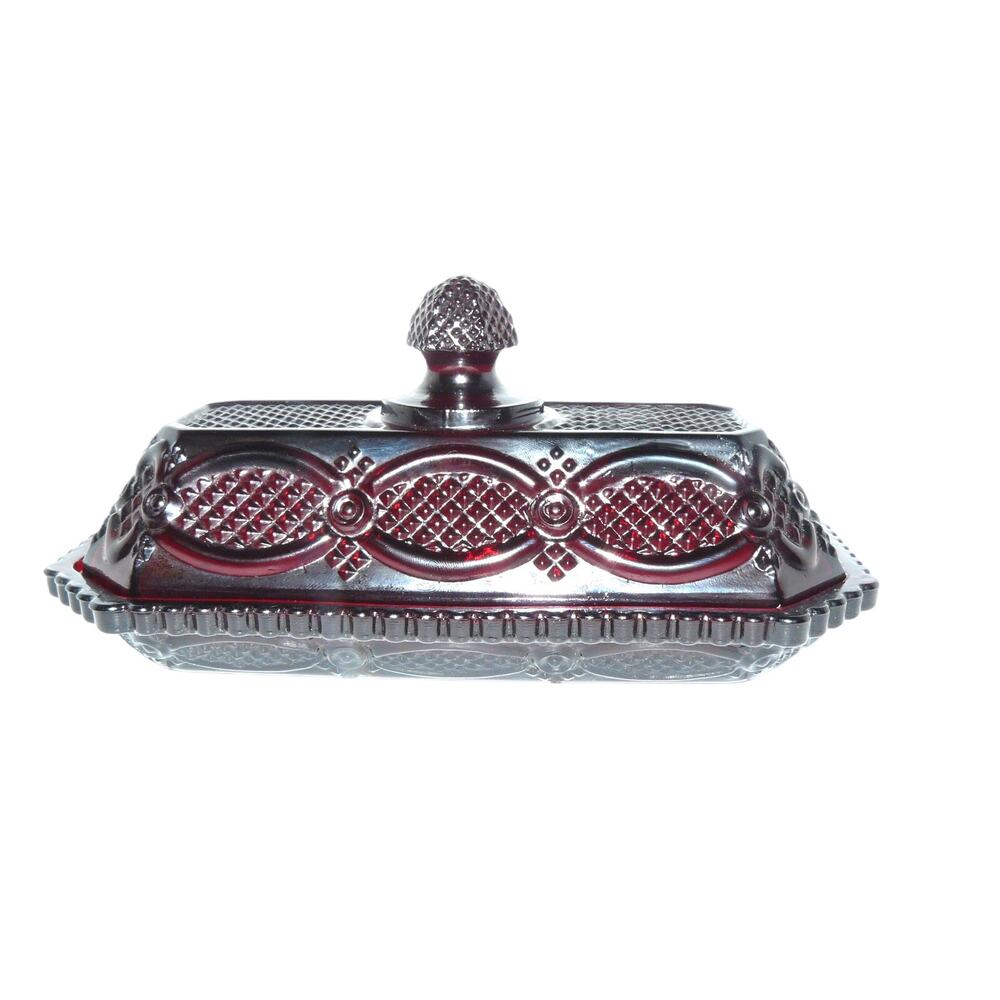 Vintage Avon Cape Cod Ruby Red Glass Butter Dish Lid Rectangular Knob MCM Retro - Picture 3 of 9